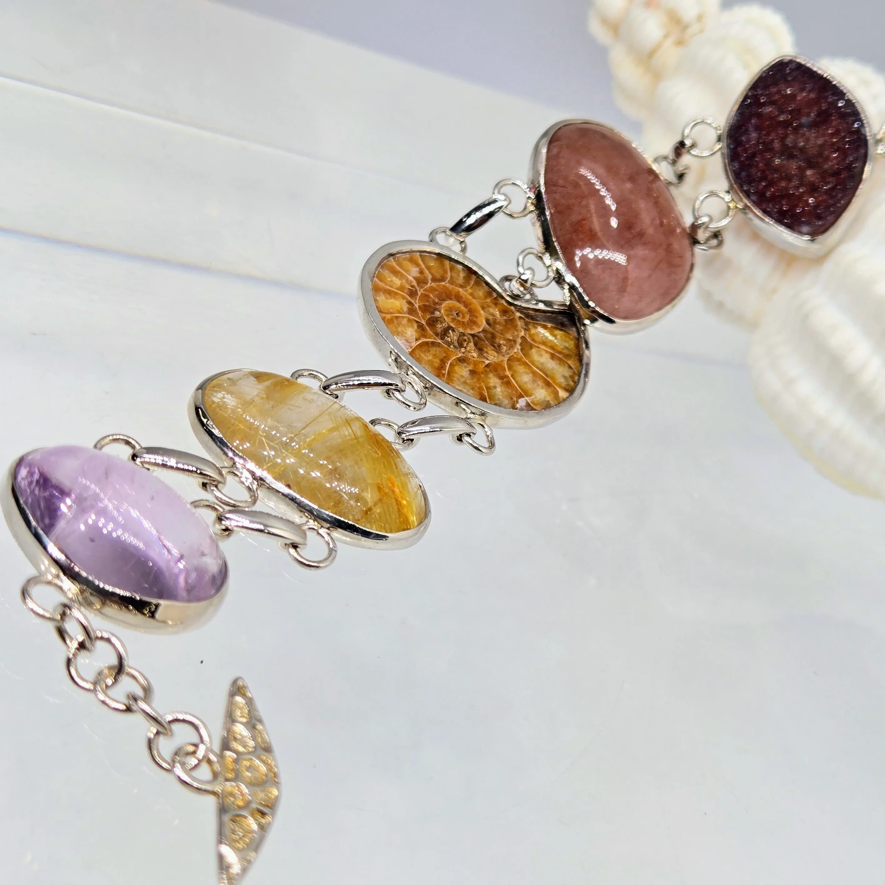 "Beach Baby" 8" - 8.5" Bracelet - Amethyst, Druzy, Rutile Quartz, Ammonite, Cherry Quartz, Anti-tarnish Sterling