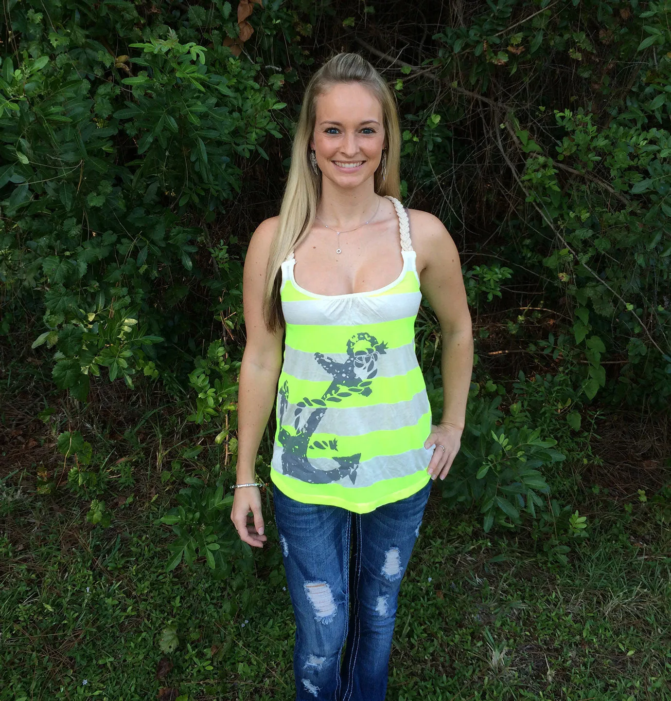 Racerback Tank Top - Country Shore - Rope Anchor - Yellow Striped