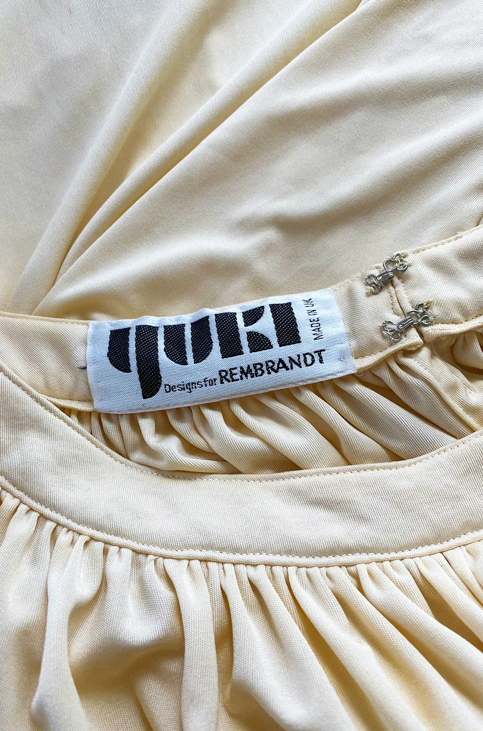 Rare 1970s Yuki Ivory Draped Jersey Open Shoulder Caftan Dress