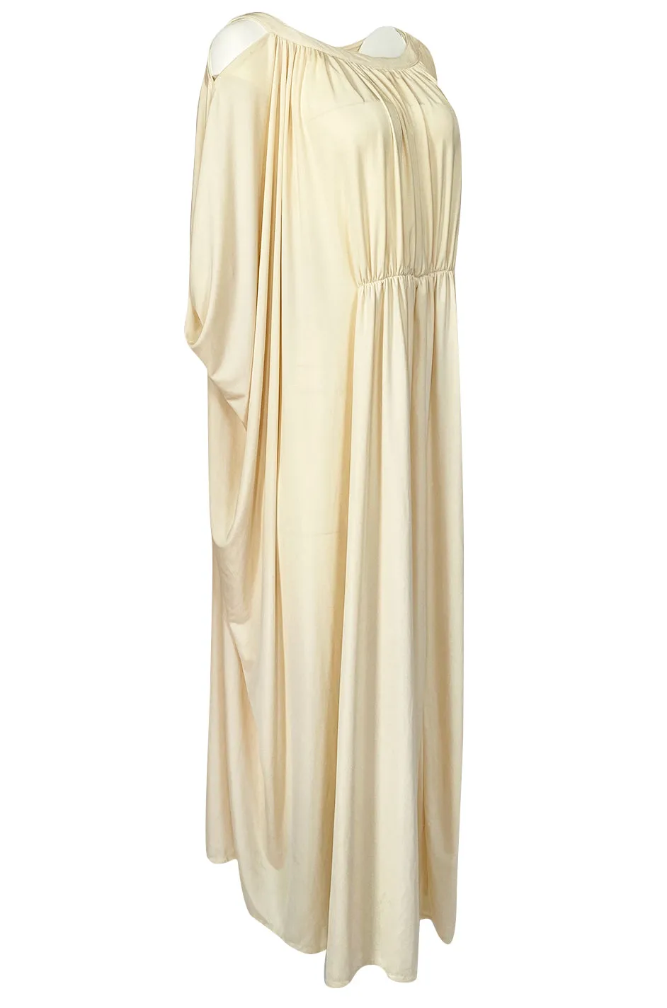 Rare 1970s Yuki Ivory Draped Jersey Open Shoulder Caftan Dress