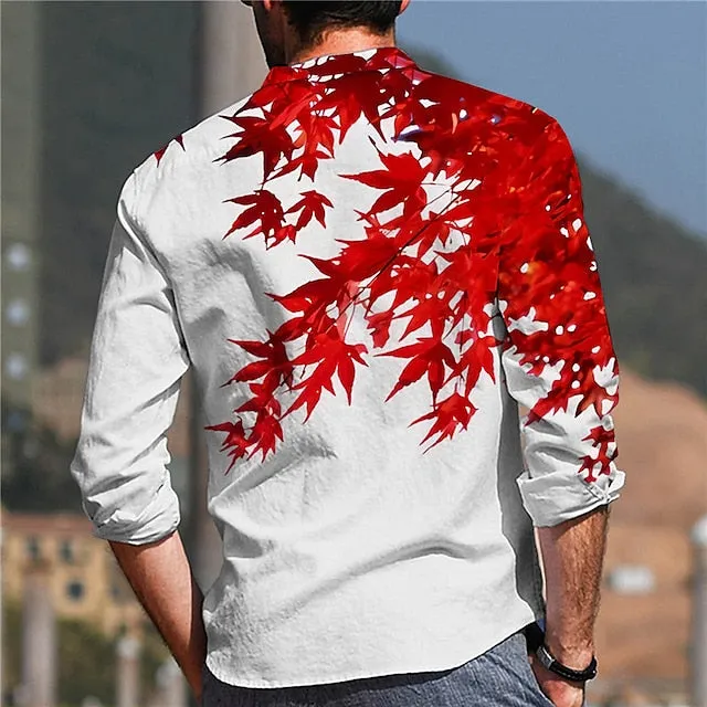 Red Maple Leaf Large Size Casual Long Sleeve Shirt 2408000116
