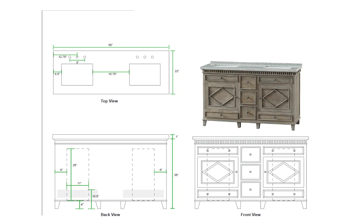 Rustic Wood 58" Vanity w/ White Quartz Top - SS3858WT