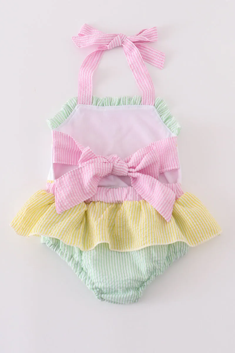 Seersucker Sailboat Embroidery Girl Swimsuit