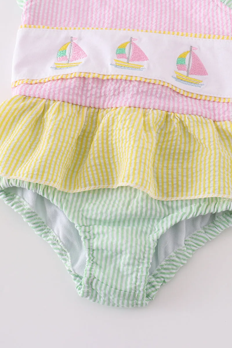 Seersucker Sailboat Embroidery Girl Swimsuit