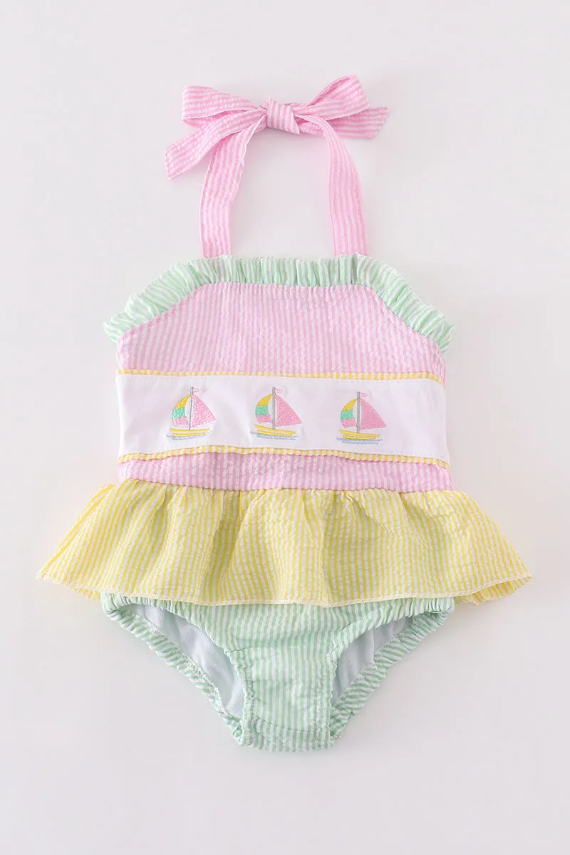 Seersucker Sailboat Embroidery Girl Swimsuit