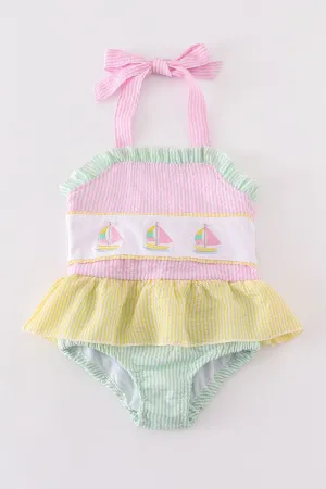 Seersucker Sailboat Embroidery Girl Swimsuit