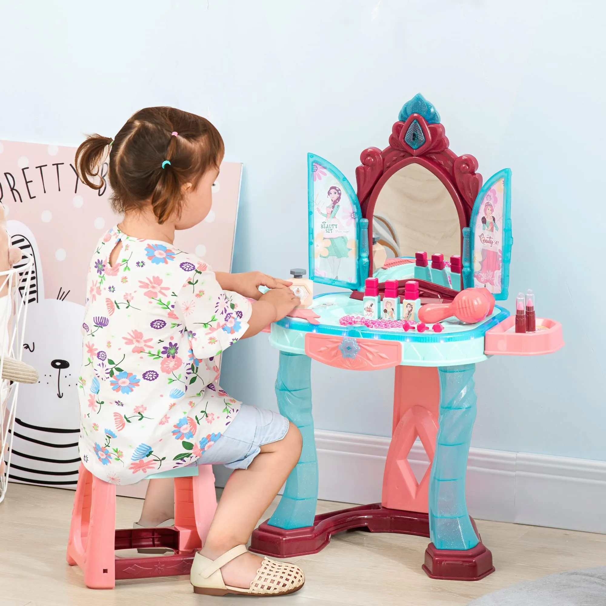 Self-Opening Mirror Design Kids Vanity Makeup Table Set with Chair and