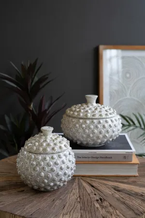 Set of 2 Round Knobby White Ceramic Canisters