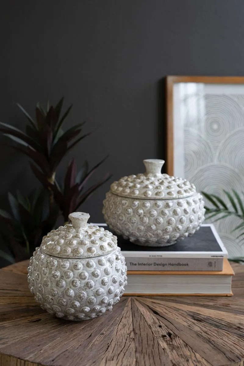 Set of 2 Round Knobby White Ceramic Canisters