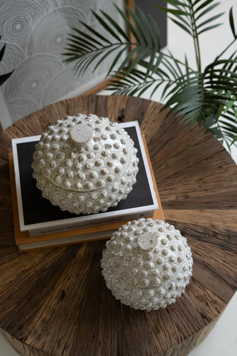 Set of 2 Round Knobby White Ceramic Canisters