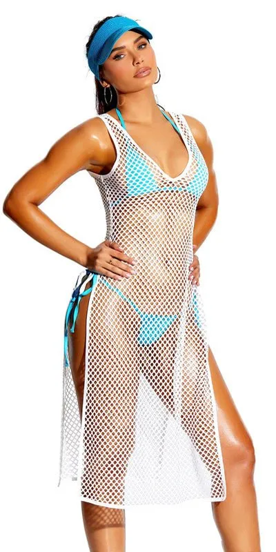 Sexy Fishnet Swim Cover-up Dress with Side Slits