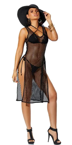 Sexy Fishnet Swim Cover-up Dress with Side Slits
