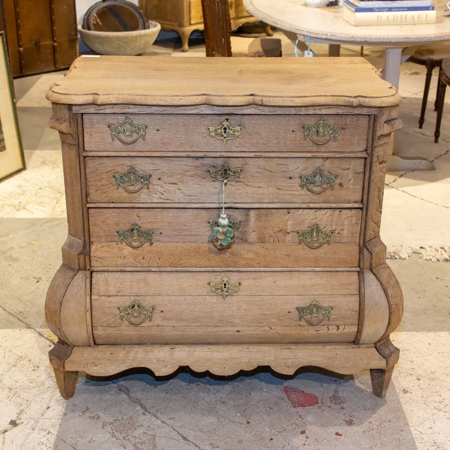 Small Antique French Carved Oak Four-Drawer Commode with Key