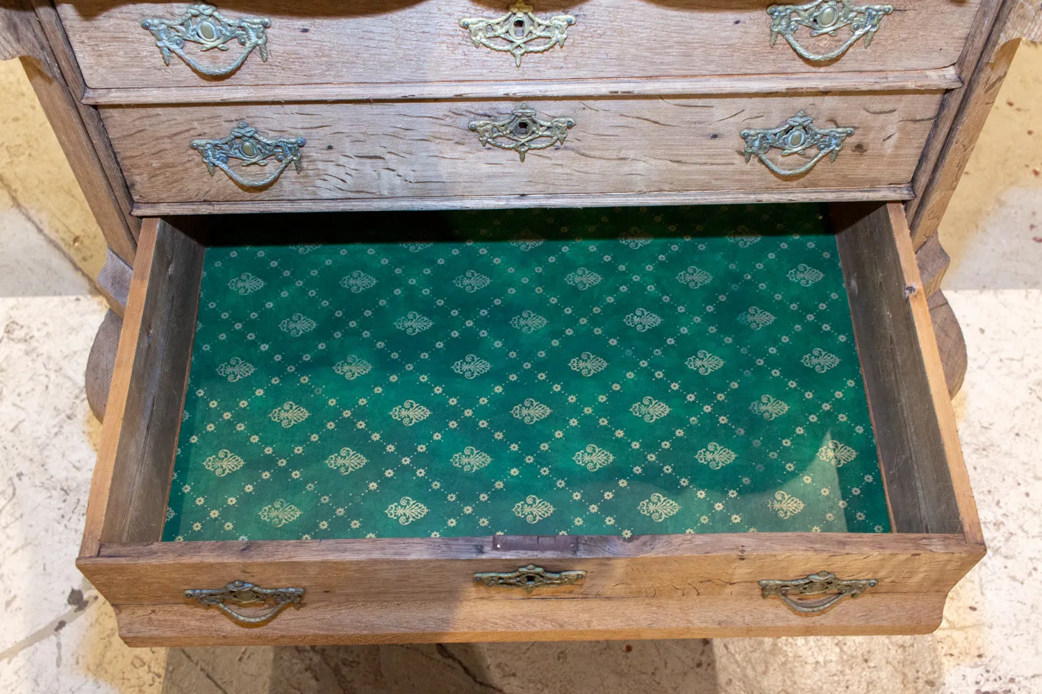Small Antique French Carved Oak Four-Drawer Commode with Key