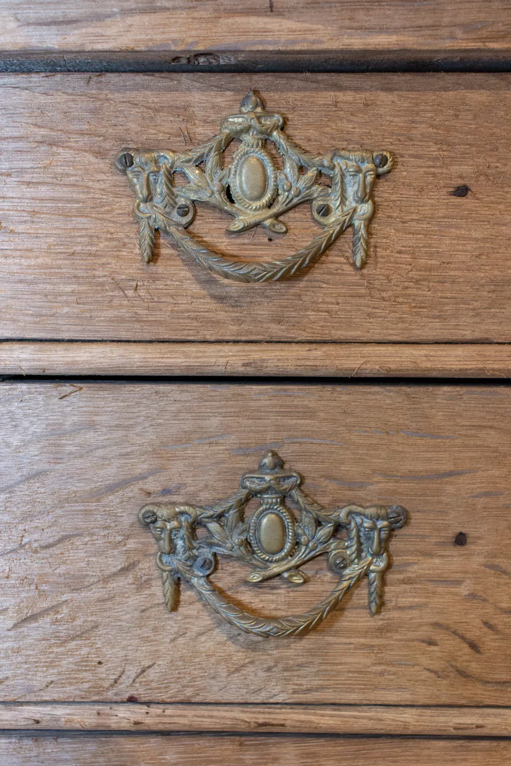 Small Antique French Carved Oak Four-Drawer Commode with Key
