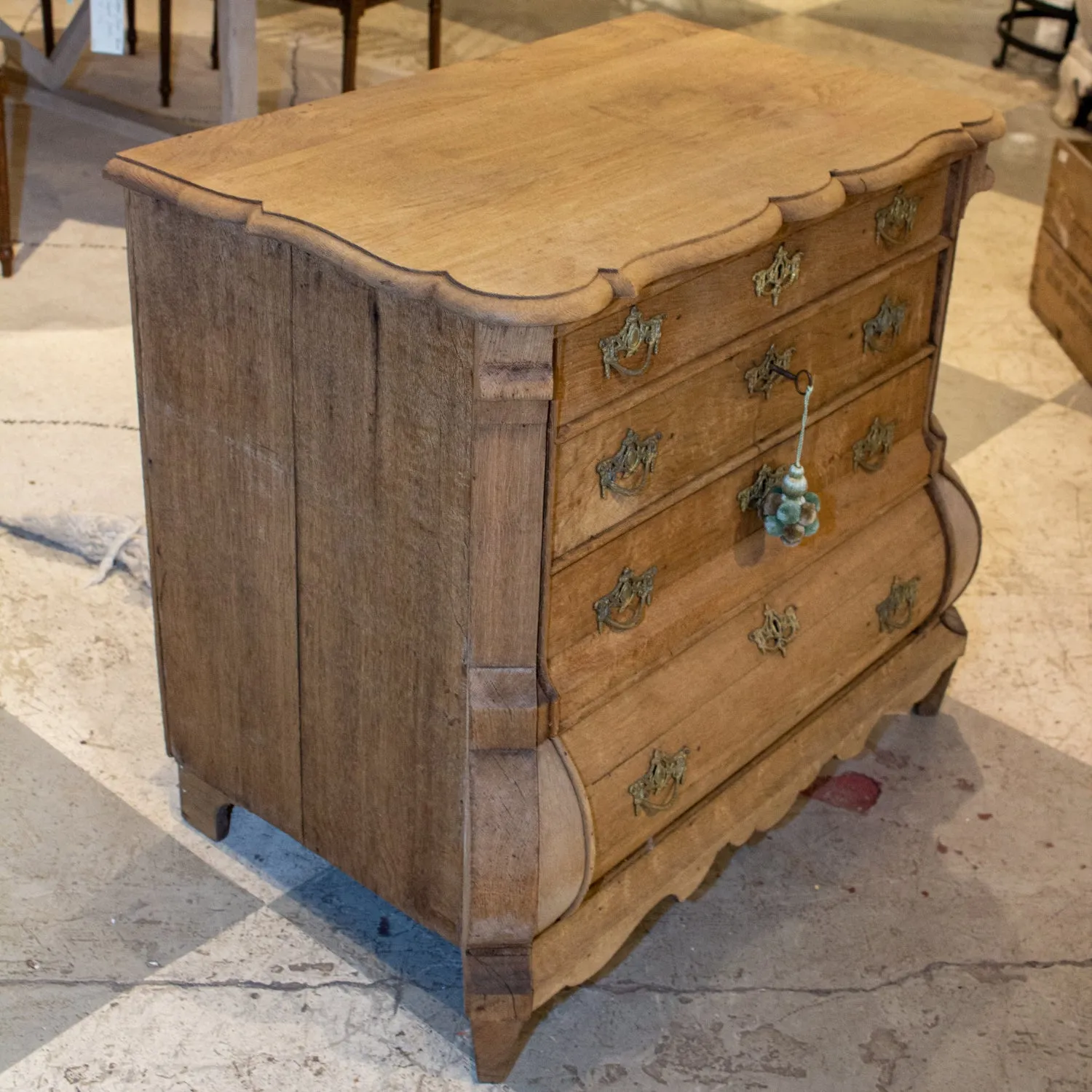 Small Antique French Carved Oak Four-Drawer Commode with Key