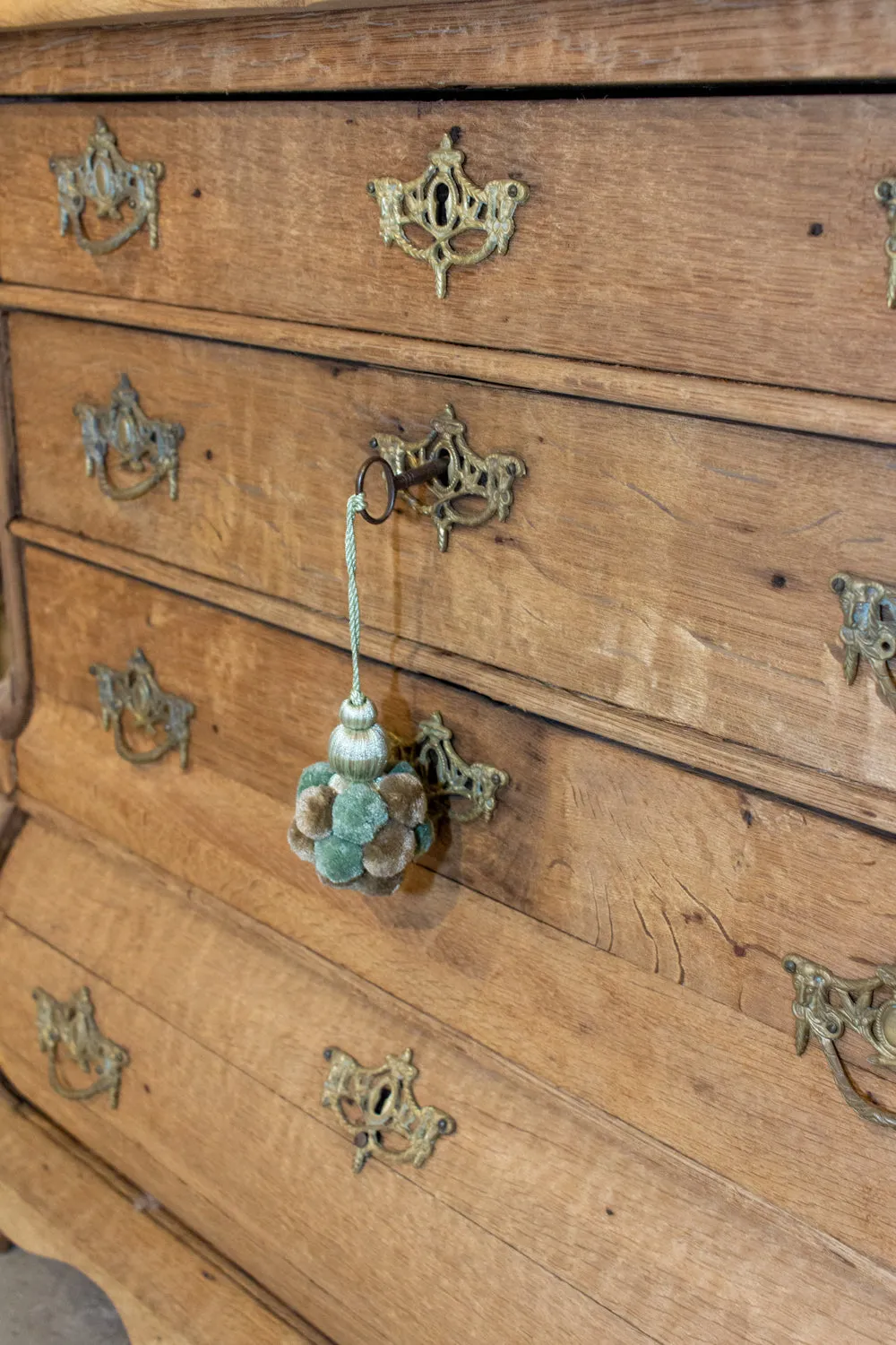 Small Antique French Carved Oak Four-Drawer Commode with Key