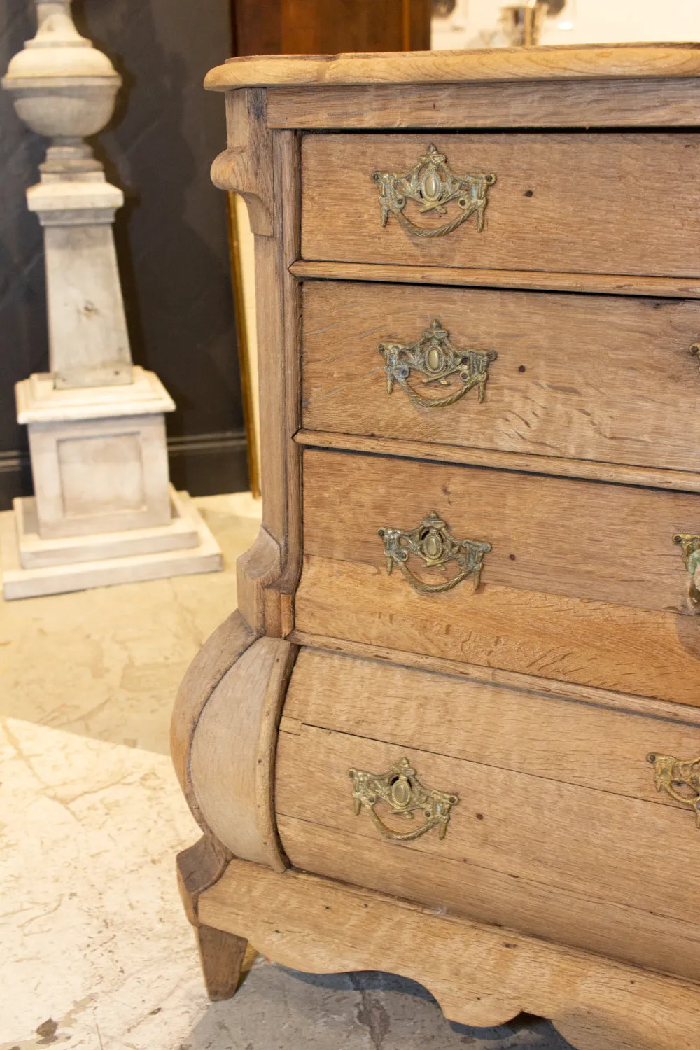 Small Antique French Carved Oak Four-Drawer Commode with Key