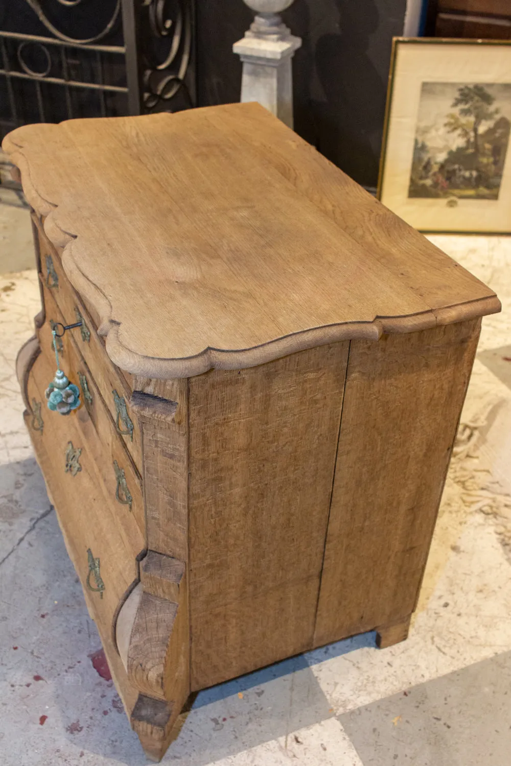 Small Antique French Carved Oak Four-Drawer Commode with Key