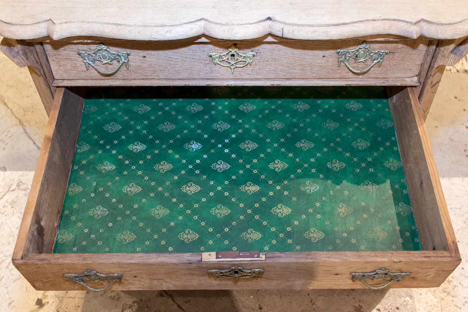 Small Antique French Carved Oak Four-Drawer Commode with Key