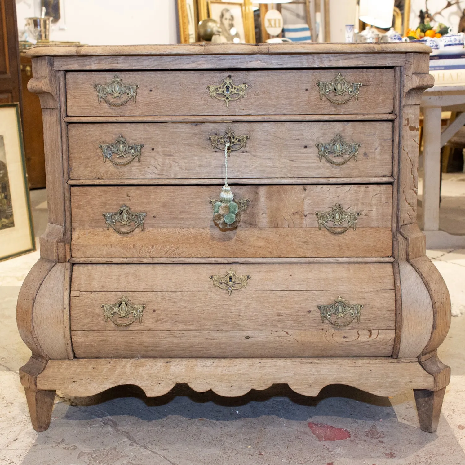 Small Antique French Carved Oak Four-Drawer Commode with Key