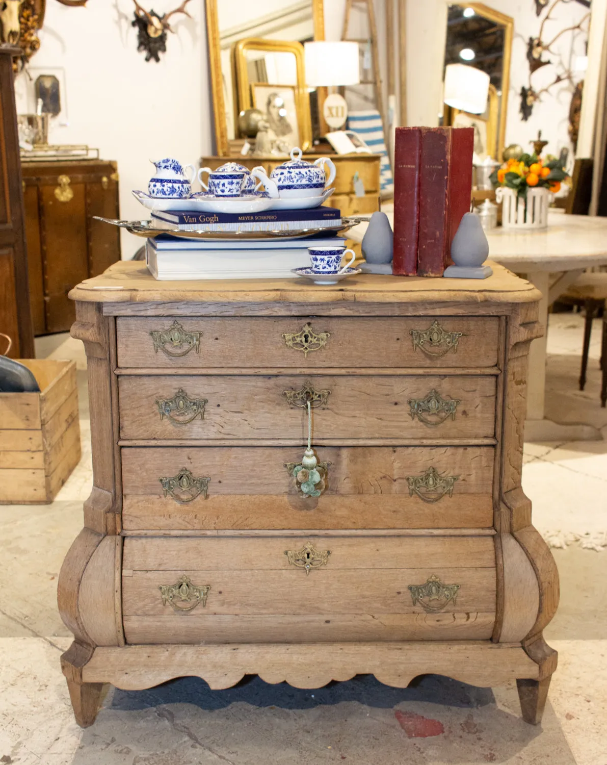 Small Antique French Carved Oak Four-Drawer Commode with Key