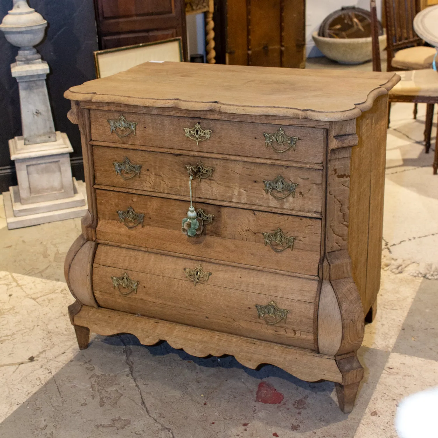 Small Antique French Carved Oak Four-Drawer Commode with Key