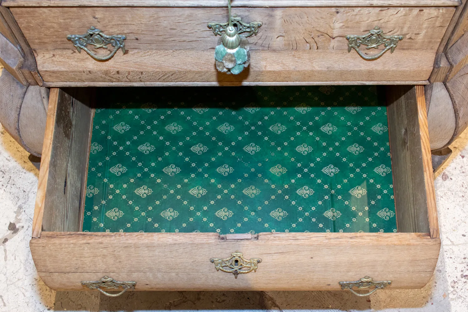 Small Antique French Carved Oak Four-Drawer Commode with Key