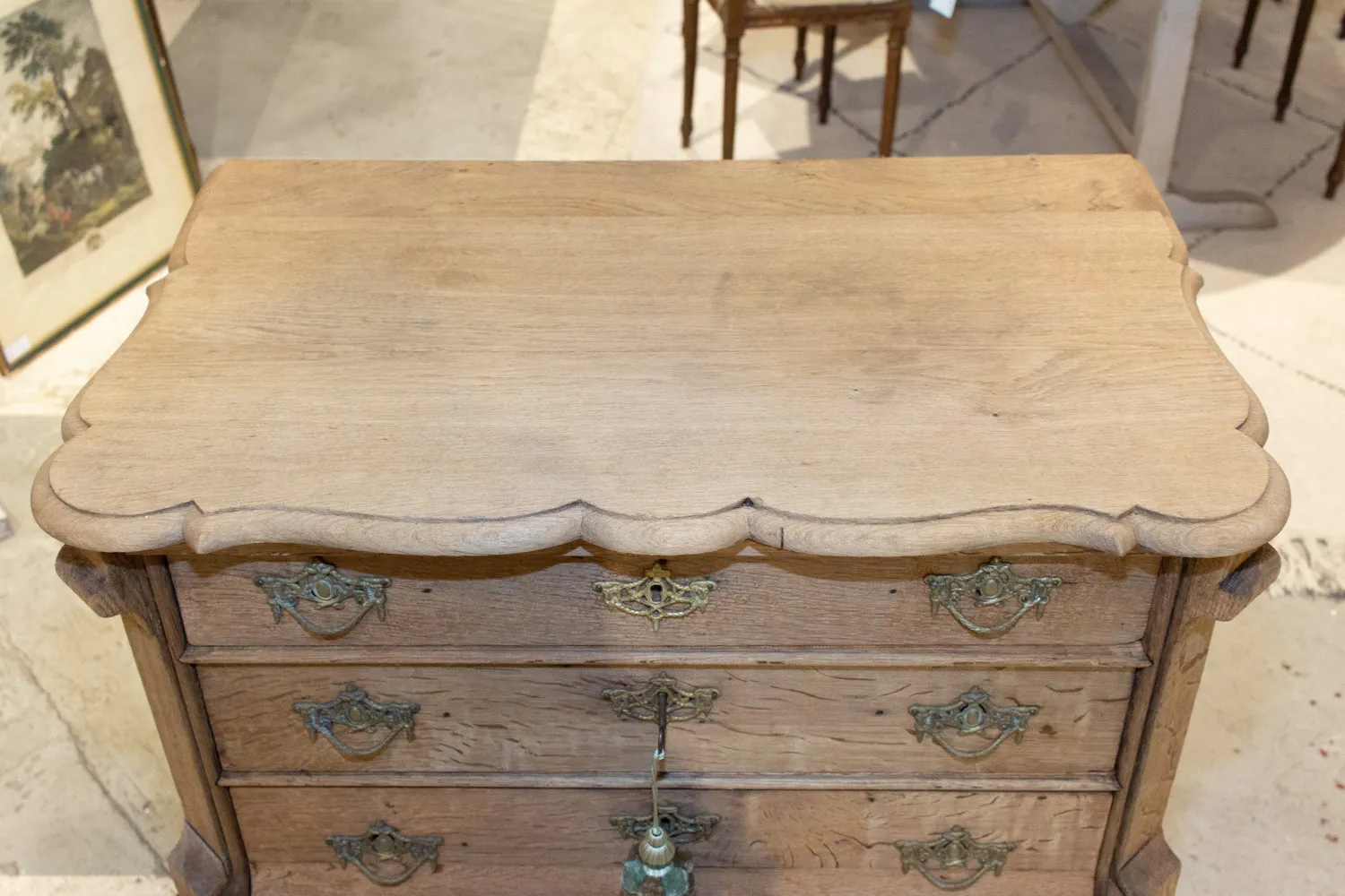 Small Antique French Carved Oak Four-Drawer Commode with Key