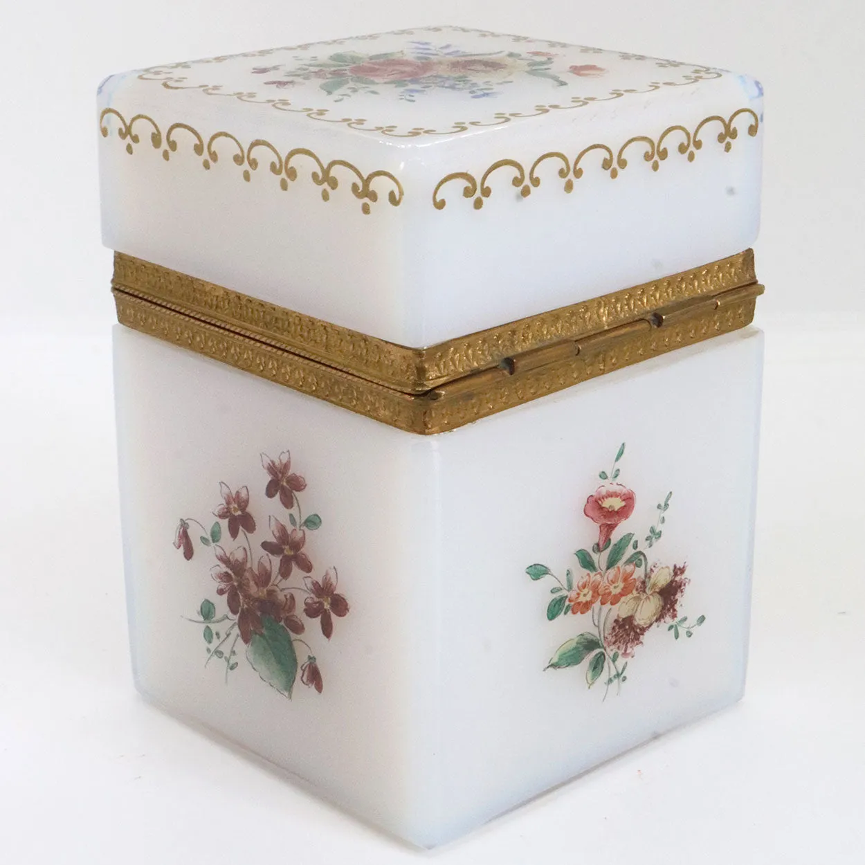 Small French Gilt Bronze Painted White Opalescent Glass Square Jewelry Box