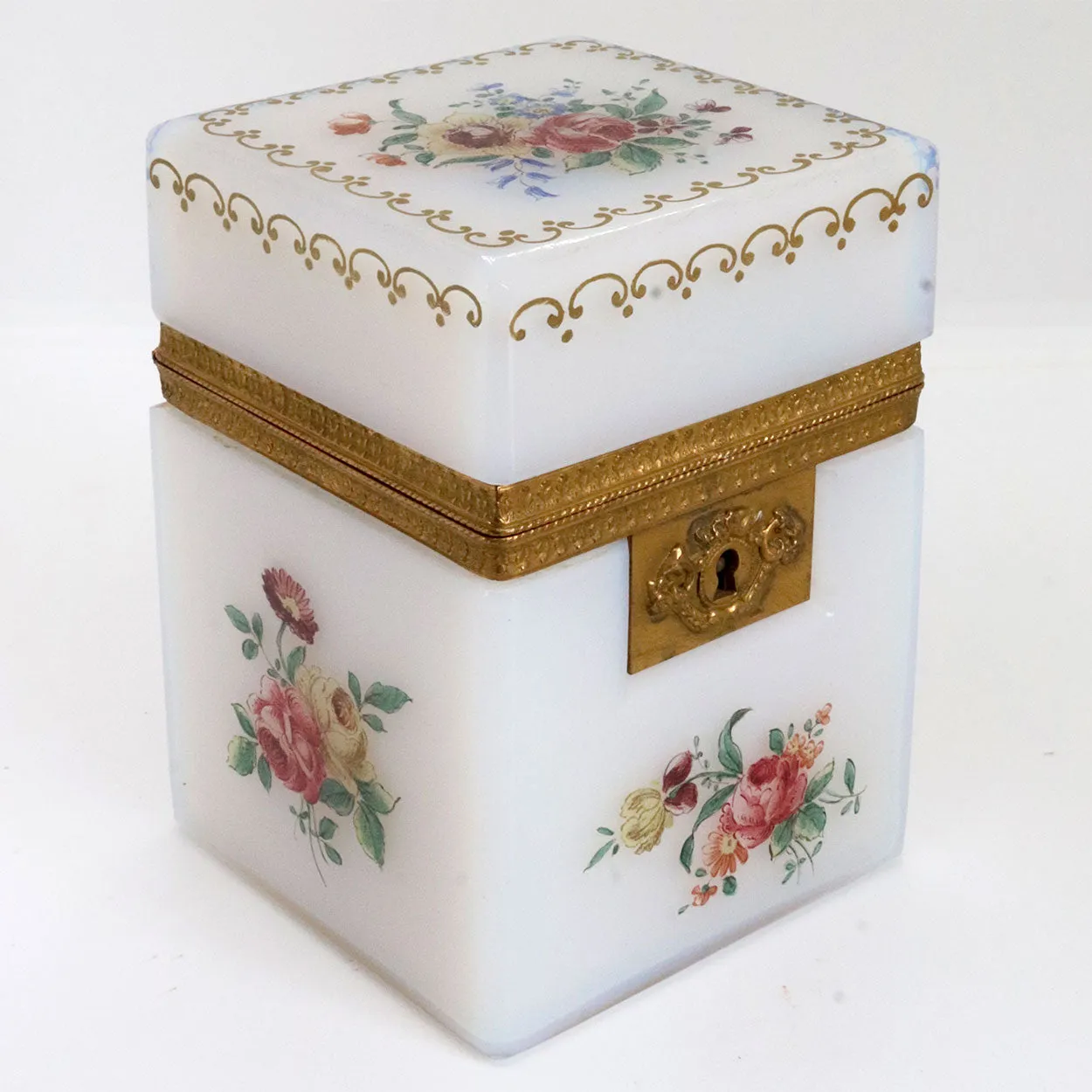 Small French Gilt Bronze Painted White Opalescent Glass Square Jewelry Box