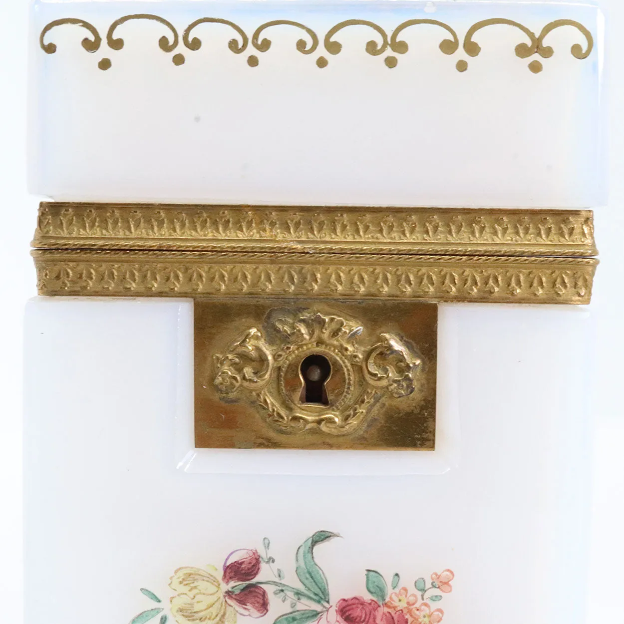 Small French Gilt Bronze Painted White Opalescent Glass Square Jewelry Box