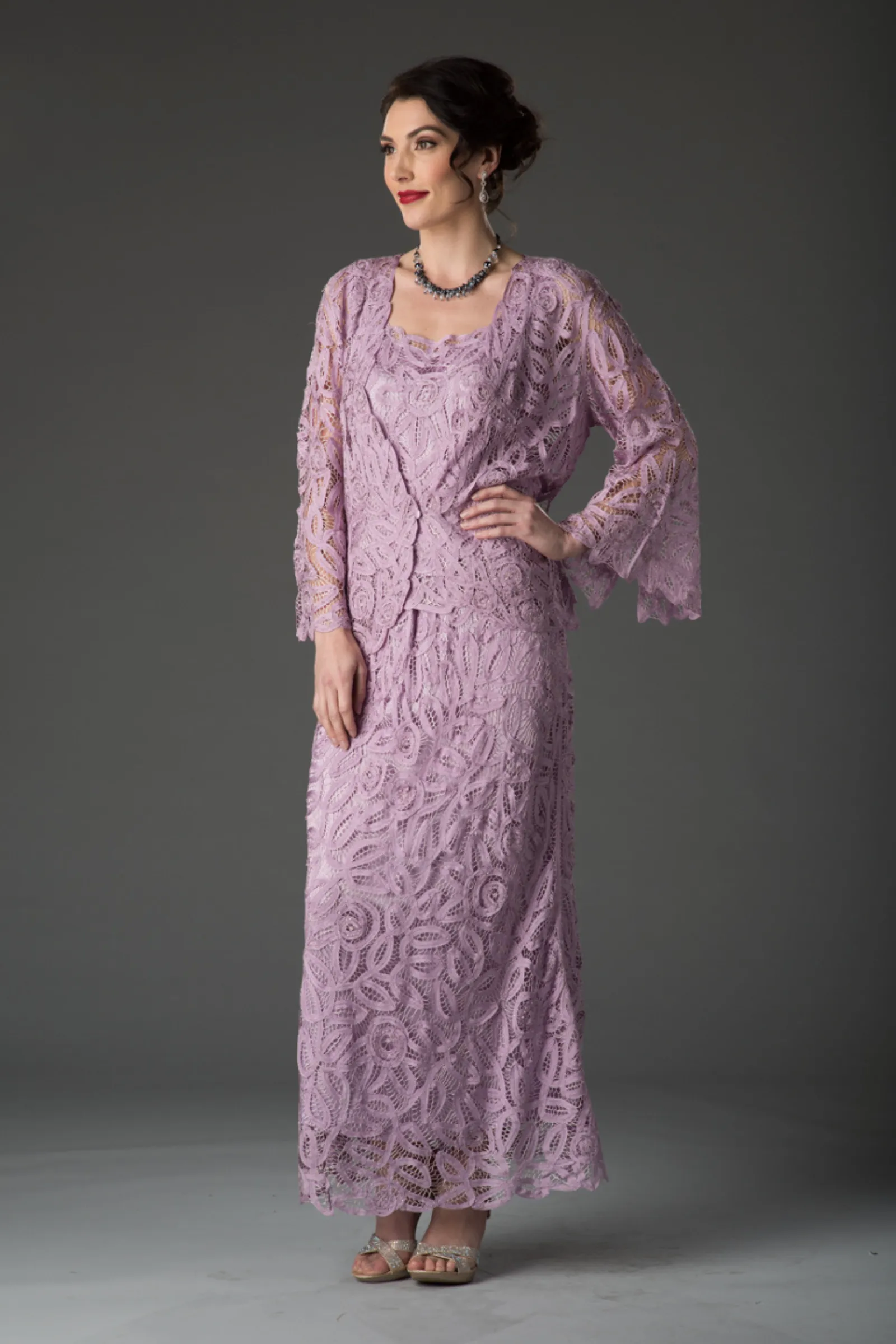 Soulmates D7107 Hand Crocheted 3/4 Bell-Sleeve Jacket Top and Skirt Set