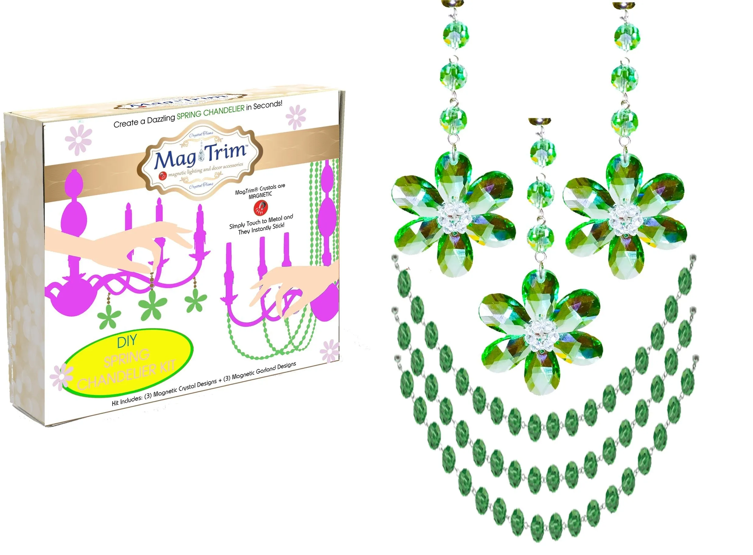 SPRING CHANDELIER MAKEOVER KIT - (3) Green Crystal Daisy   (3) 12" Green Crystal Garland (Set/6)