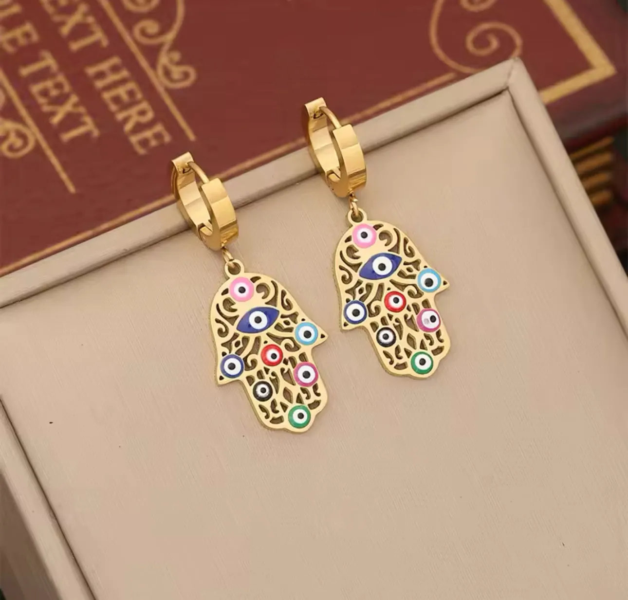 Stainless Steel Small Hoops with Enameled Hamsa and Evil Eye | Erika Williner Designs