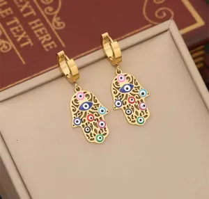Stainless Steel Small Hoops with Enameled Hamsa and Evil Eye | Erika Williner Designs