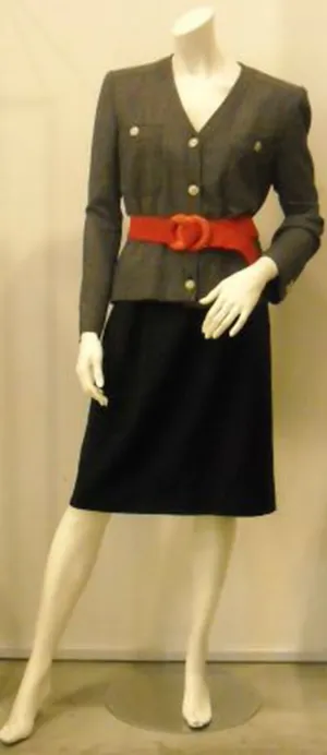 Stay Cool On The Job Vintage Valentino Navy/White Dotted Jacket with fitted Navy Skirt