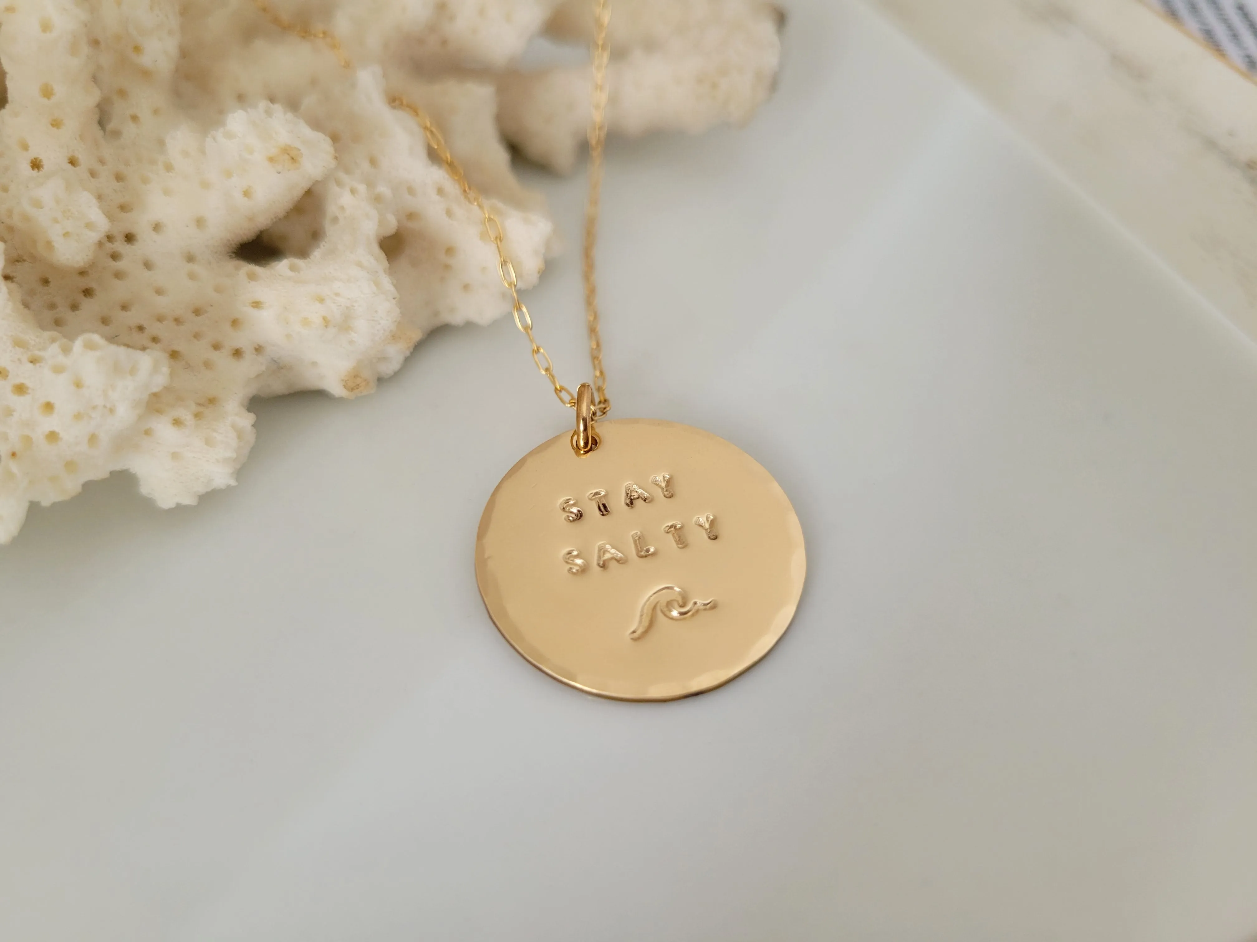 Stay Salty Beach Wave Large Disc Necklace - Sterling, Gold or Rose Gold