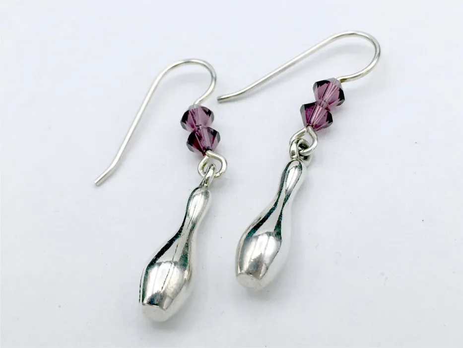 Sterling Silver 3-D Bowling Pin dangle earrings-bowl, bowler, team colors, pins