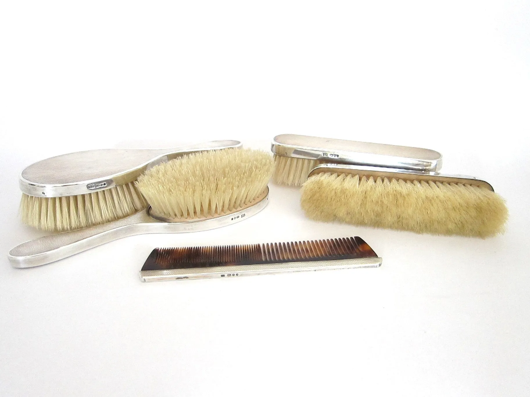 Sterling Silver British Vanity Set Silver Hallmarks Brushes 5 piece