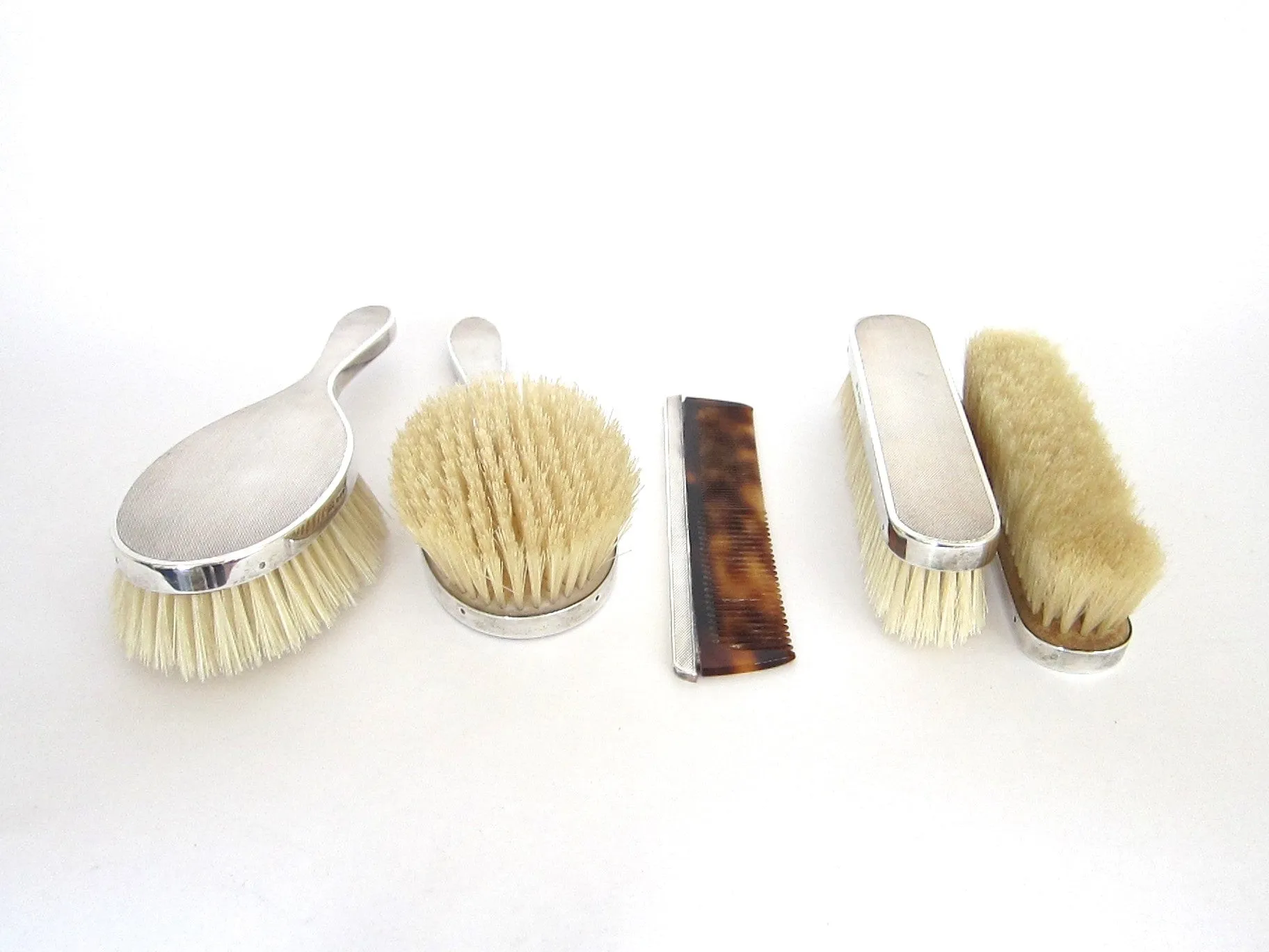 Sterling Silver British Vanity Set Silver Hallmarks Brushes 5 piece