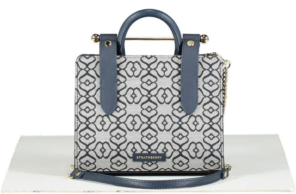 Strathberry Blue Nano Monogram Tote in Box