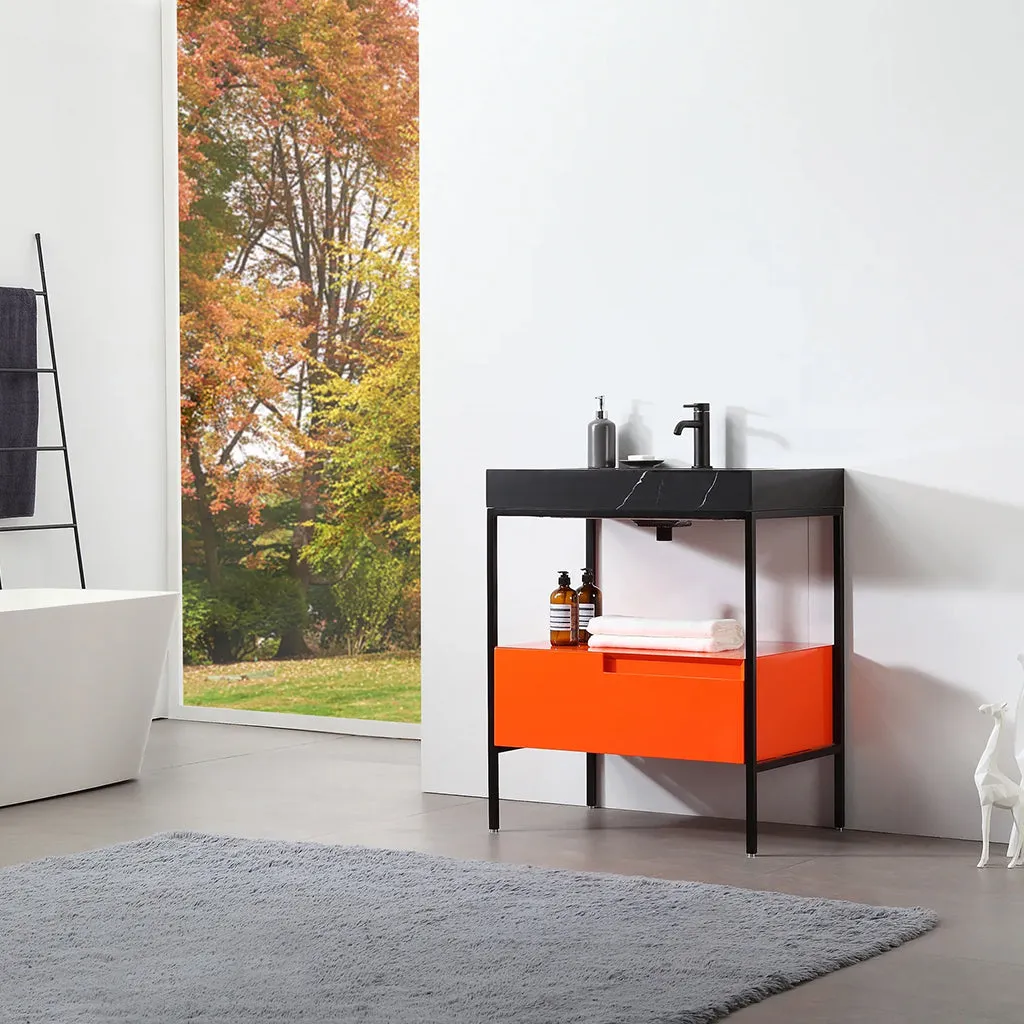 Texel 1 Drawer And 1 Open Shelf Bathroom Vanity with Quartz Sink - Floor Mount - 30" Wood/Metal/Red Amber/Black