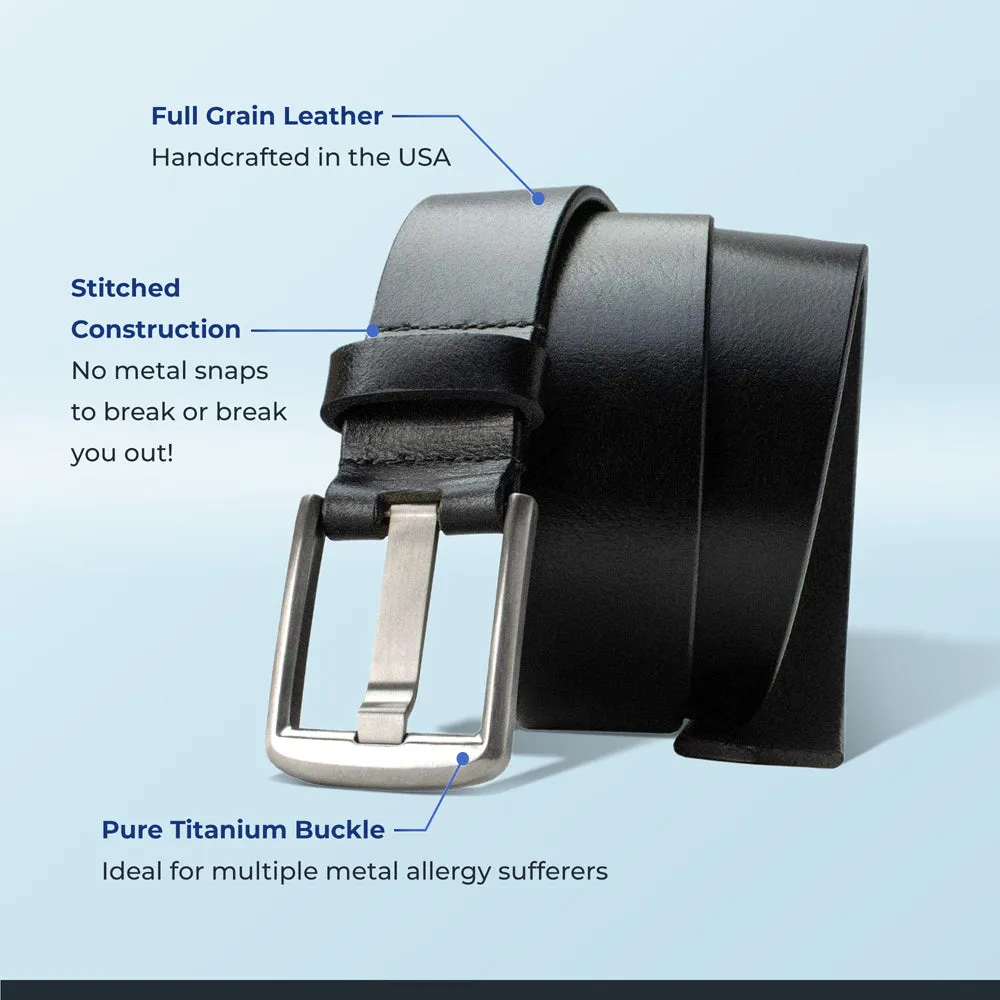 Titanium Wide Pin Black Leather Belt by Nickel Smart®