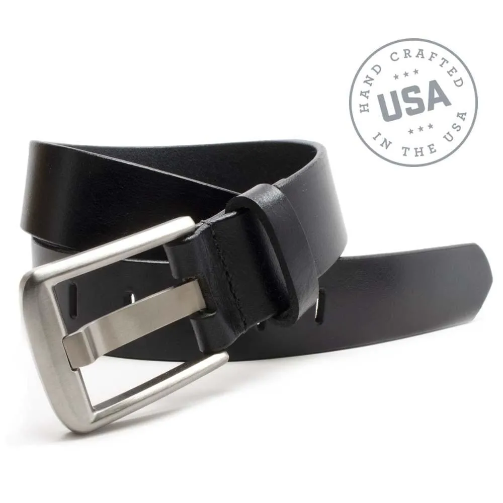 Titanium Wide Pin Black Leather Belt by Nickel Smart®