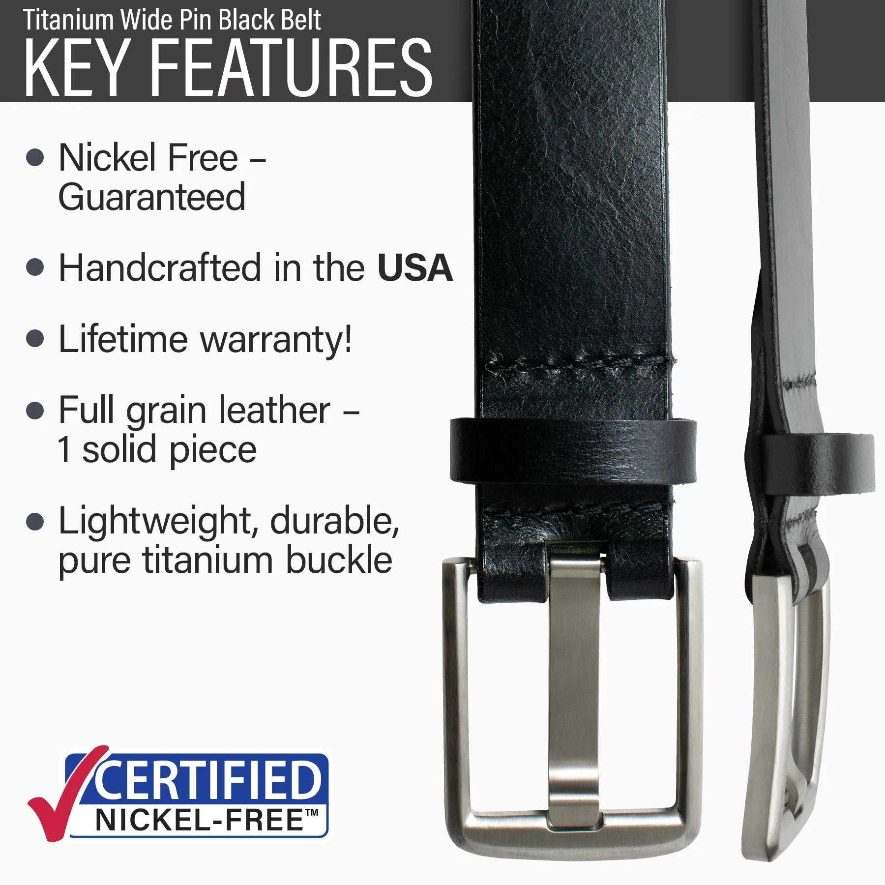 Titanium Wide Pin Black Leather Belt by Nickel Smart®