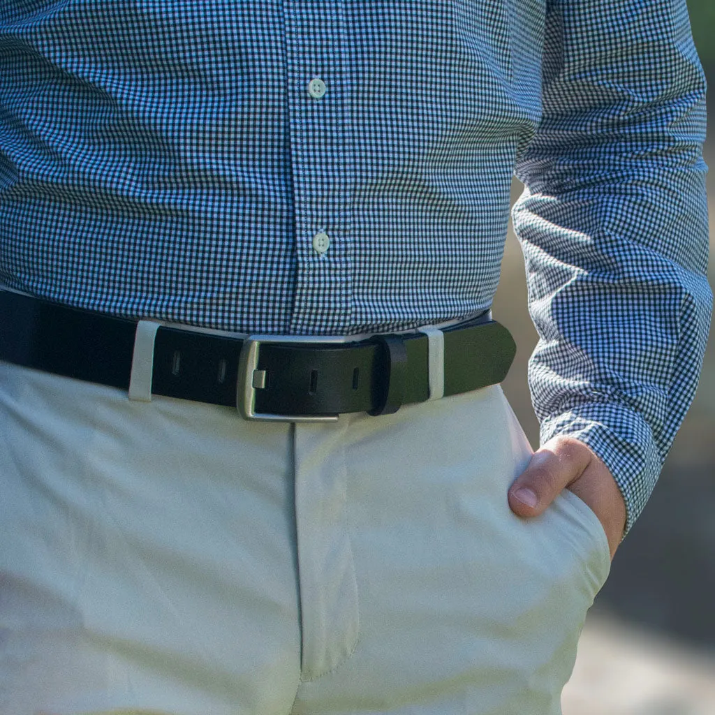 Titanium Wide Pin Black Leather Belt by Nickel Smart®