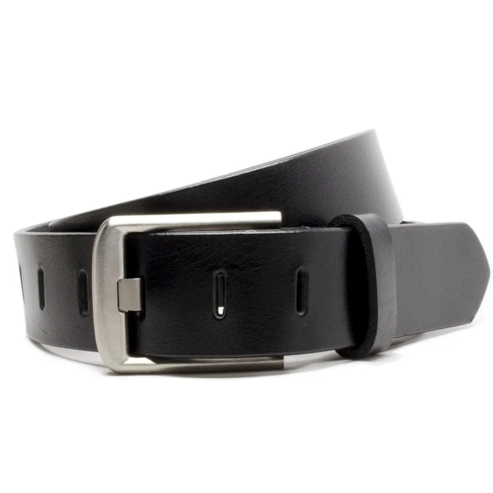 Titanium Wide Pin Black Leather Belt by Nickel Smart®