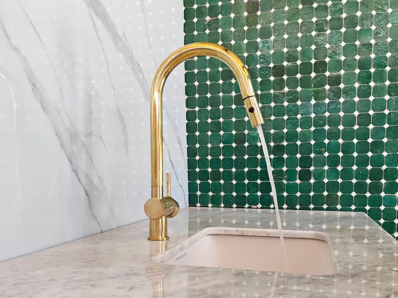 Unlacquered Brass Kitchen Faucet - Pull Down Solid Brass Sink Faucet