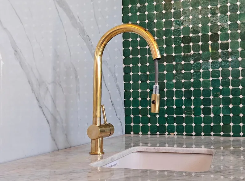 Unlacquered Brass Kitchen Faucet - Pull Down Solid Brass Sink Faucet